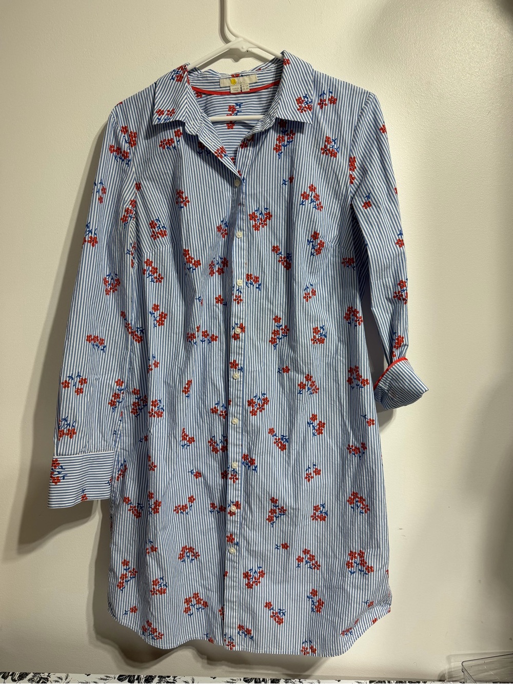 Boden Blue White Stripe Red Floral Print Button Front Shirt Dress Size US 8 / UK